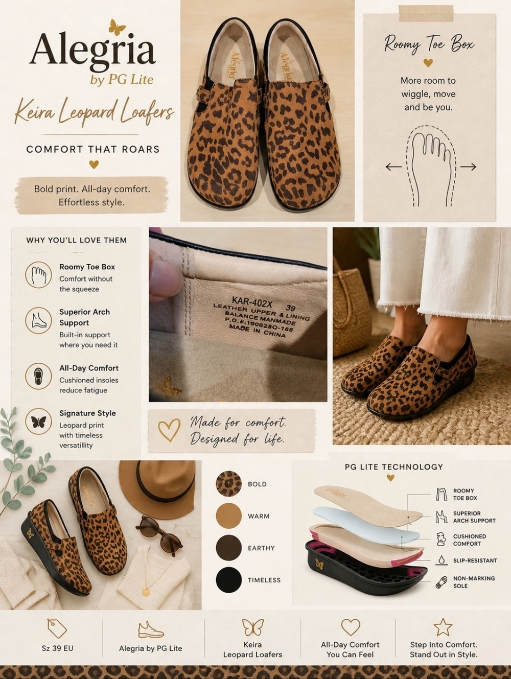 Alegria by PG Lite Keira Leopard Loafers Roomy Toe Box - 39 EU